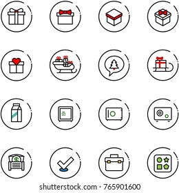 line vector icon set - gift vector, santa sleigh, merry christmas message, milk, safe, money chest, check, tool box, cube hole toy
