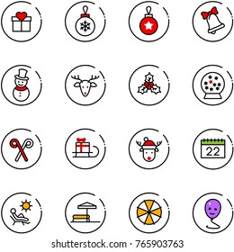 line vector icon set - gift vector, christmas ball, bell, snowman, deer, holly, snowball, santa stick, sleigh, hat, calendar, beach, inflatable pool, parasol, balloon smile
