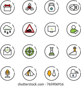 line vector icon set - gift vector, holly, weight, euro dollar, money rain, steep descent road sign, monitor cursor, user check, opened mail, target, chess queen, success, microphone, tent, forest