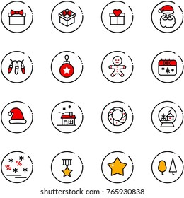 line vector icon set - gift vector, santa claus, garland, christmas ball, cake man, calendar, hat, house, wreath, snowball, sale, star medal, forest