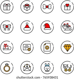 line vector icon set - gift vector, bow, christmas hat, santa sleigh, certificate, diamond, ring, mail dollar, toy rabbit, cat