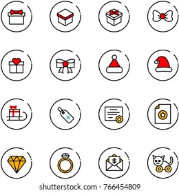 line vector icon set - gift vector, bow, christmas hat, sleigh, medical label, certificate, diamond, ring, mail dollar, toy cat