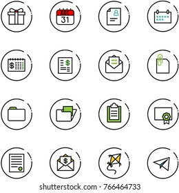 line vector icon set - gift vector, 31 dec calendar, patient card, schedule, finance, account statement, opened mail, attachment, folder, clipboard, certificate, agreement, dollar, kite, paper plane