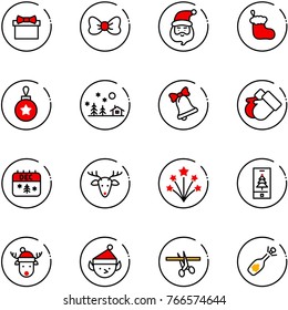 line vector icon set - gift vector, bow, santa claus, christmas sock, ball, landscape, bell, gloves, calendar, deer, firework, mobile, hat, elf, opening, fizz