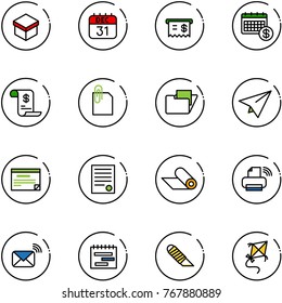 line vector icon set - gift vector, 31 dec calendar, receipt, account history, attachment, folder, paper plane, schedule, agreement, mat, printer wireless, mail, terms plan, work knife, kite