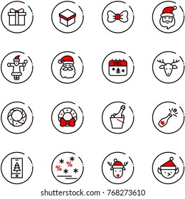 line vector icon set - gift vector, bow, santa claus, christmas calendar, deer, wreath, champagne, mobile, sale, hat, elf