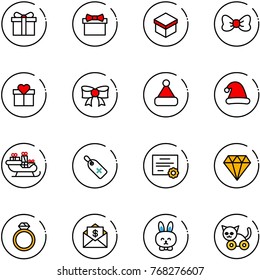 line vector icon set - gift vector, bow, christmas hat, santa sleigh, medical label, certificate, diamond, ring, mail dollar, toy rabbit, cat
