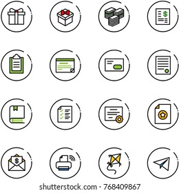 line vector icon set - gift vector, big cash, account statement, clipboard, schedule, envelope, agreement, book, list, certificate, mail dollar, printer wireless, kite, paper plane