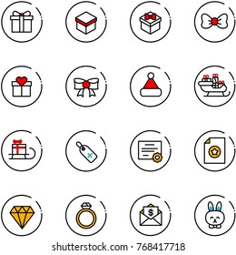 line vector icon set - gift vector, bow, christmas hat, santa sleigh, medical label, certificate, diamond, ring, mail dollar, toy rabbit