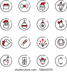 line vector icon set - gift vector, bow, santa claus, christmas ball, bell, gloves, firework rocket, wreath, champagne, mobile, deer hat, cent