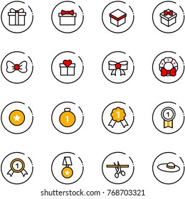 line vector icon set - gift vector, bow, christmas wreath, star medal, gold, opening, woman hat