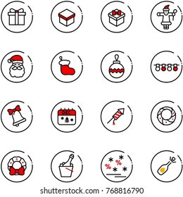 line vector icon set - gift vector, santa claus, christmas sock, ball, garland, bell, calendar, firework rocket, wreath, champagne, sale, fizz opening