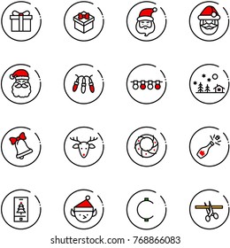 line vector icon set - gift vector, santa claus, garland, christmas landscape, bell, deer, wreath, champagne, mobile, elf, cent, opening