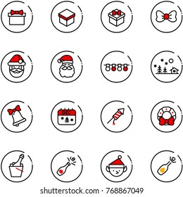 line vector icon set - gift vector, bow, santa claus, garland, christmas landscape, bell, calendar, firework rocket, wreath, champagne, elf, fizz opening