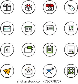 line vector icon set - gift vector, 25 dec calendar, medical label, schedule, receipt, finance, account statement, folder, clipboard, agreement, paper fly, mail dollar, wireless, cube hole toy