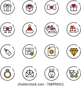 line vector icon set - gift vector, bow, christmas hat, santa sleigh, medical label, certificate, diamond, ring, mail dollar, toy rabbit, cat