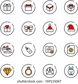 line vector icon set - gift vector, bow, christmas hat, santa sleigh, medical label, certificate, diamond, ring, mail dollar, toy rabbit