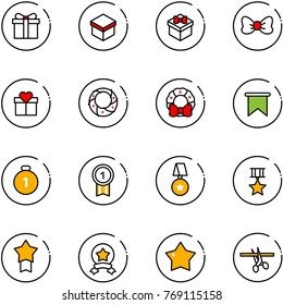 line vector icon set - gift vector, bow, christmas wreath, flag, gold medal, star, opening