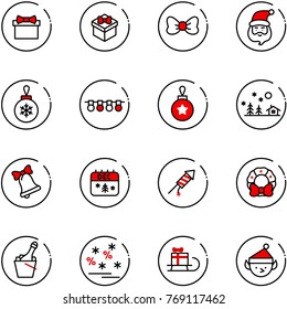 line vector icon set - gift vector, bow, santa claus, christmas ball, garland, landscape, bell, calendar, firework rocket, wreath, champagne, sale, sleigh, elf