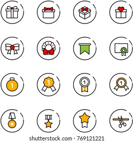 line vector icon set - gift vector, bow, christmas wreath, flag, certificate, gold medal, star, opening