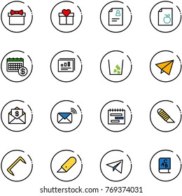 line vector icon set - gift vector, patient card, diet list, calendar, statistics report, garbage, paper fly, mail dollar, wireless, terms plan, work knife, staple, plane, abc book