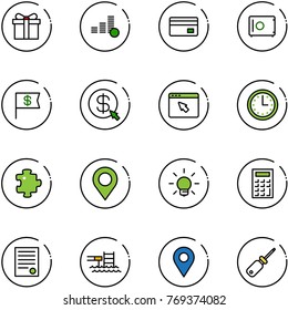 line vector icon set - gift vector, coin, credit card, safe, dollar flag, money click, cursor browser, time, puzzle, map pin, bulb, calculator, agreement, pool, navigation, screwdriver