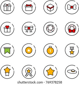 line vector icon set - gift vector, bow, christmas wreath, flag, star medal, gold, woman hat