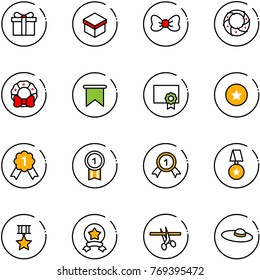 line vector icon set - gift vector, bow, christmas wreath, flag, certificate, star medal, gold, opening, woman hat