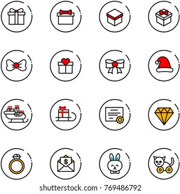 line vector icon set - gift vector, bow, christmas hat, santa sleigh, certificate, diamond, ring, mail dollar, toy rabbit, cat
