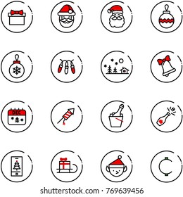 line vector icon set - gift vector, santa claus, christmas ball, garland, landscape, bell, calendar, firework rocket, champagne, mobile, sleigh, elf, cent