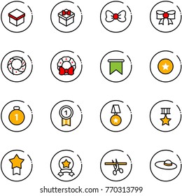 line vector icon set - gift vector, bow, christmas wreath, flag, star medal, gold, opening, woman hat