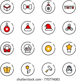 line vector icon set - gift vector, bow, christmas ball, garland, hat, holly, wreath, snowball house, star medal, butterfly, tulip, paint roller, russian doll