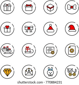 line vector icon set - gift vector, bow, christmas hat, santa sleigh, certificate, diamond, mail dollar, toy rabbit, cat
