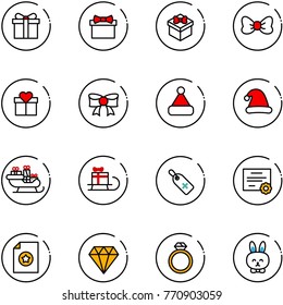 line vector icon set - gift vector, bow, christmas hat, santa sleigh, medical label, certificate, diamond, ring, toy rabbit