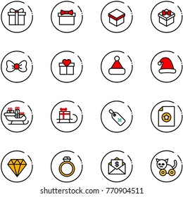 line vector icon set - gift vector, bow, christmas hat, santa sleigh, medical label, certificate, diamond, ring, mail dollar, toy cat