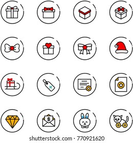 line vector icon set - gift vector, bow, christmas hat, sleigh, medical label, certificate, diamond, mail dollar, toy rabbit, cat