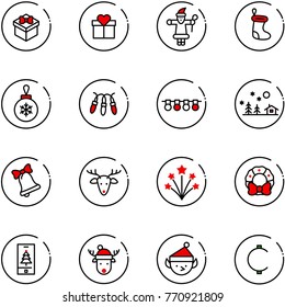 line vector icon set - gift vector, santa claus, christmas sock, ball, garland, landscape, bell, deer, firework, wreath, mobile, hat, elf, cent