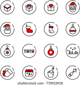 line vector icon set - gift vector, santa claus, christmas sock, ball, garland, landscape, gloves, calendar, champagne