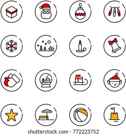 line vector icon set - gift vector, santa claus, christmas ball, garland, snowflake, landscape, candle, bell, gloves, snowball house, sleigh, elf, starfish, inflatable pool, sand castle