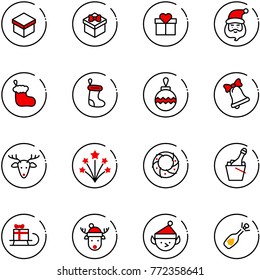 line vector icon set - gift vector, santa claus, christmas sock, ball, bell, deer, firework, wreath, champagne, sleigh, hat, elf, fizz opening