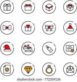 line vector icon set - gift vector, bow, christmas hat, santa sleigh, medical label, certificate, diamond, ring, mail dollar