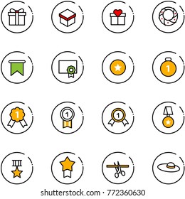 line vector icon set - gift vector, christmas wreath, flag, certificate, star medal, gold, opening, woman hat