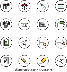 line vector icon set - gift vector, medical label, schedule, big cash, receipt, finance calendar, folder, clipboard, paper fly, certificate, mat, photo, work knife, plane