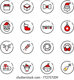 line vector icon set - gift vector, bow, santa claus, christmas sock, garland, ball, deer, firework rocket, wreath, sleigh, hat, elf, fizz opening