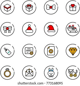 line vector icon set - gift vector, bow, christmas hat, santa sleigh, medical label, certificate, diamond, ring, mail dollar, toy rabbit, cat