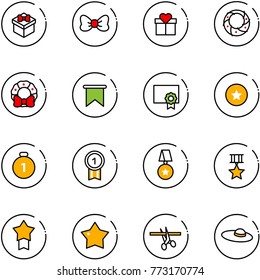 line vector icon set - gift vector, bow, christmas wreath, flag, certificate, star medal, gold, opening, woman hat