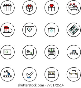 line vector icon set - gift vector, santa sleigh, first aid kit, doctor bag, pills blister, safe, money chest, conveyor, check, tool box