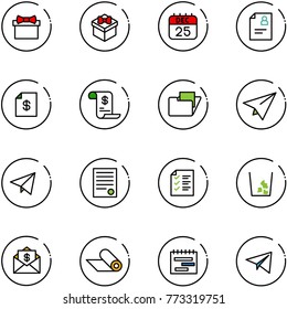 line vector icon set - gift vector, 25 dec calendar, patient card, account statement, history, folder, paper plane, fly, agreement, list, garbage, mail dollar, mat, terms plan