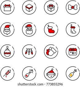 line vector icon set - gift vector, bow, santa claus, christmas sock, ball, garland, gloves, calendar, firework rocket, champagne, elf, fizz opening