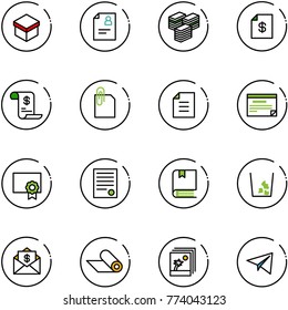 line vector icon set - gift vector, patient card, big cash, account statement, history, attachment, document, schedule, certificate, agreement, book, garbage, mail dollar, mat, photo, paper plane